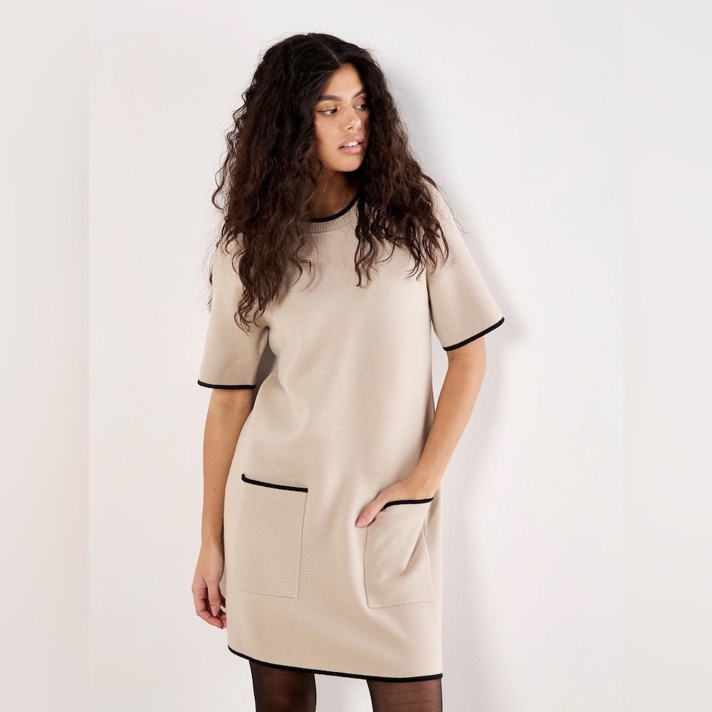 APRICOT🍑 - Beige Short Sleeve Shift Dress with Contrast Trim