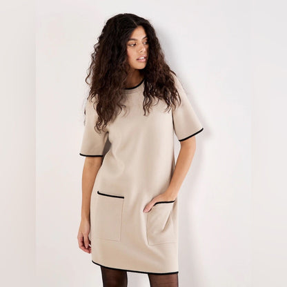 APRICOT🍑 - Beige Short Sleeve Shift Dress with Contrast Trim