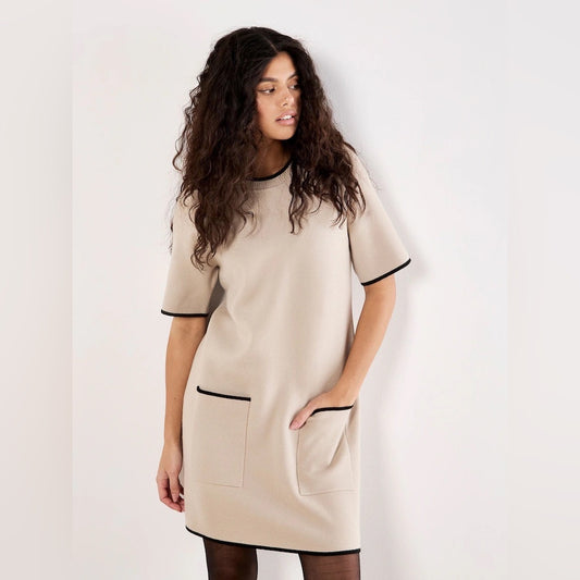 APRICOT🍑 - Beige Short Sleeve Shift Dress with Contrast Trim