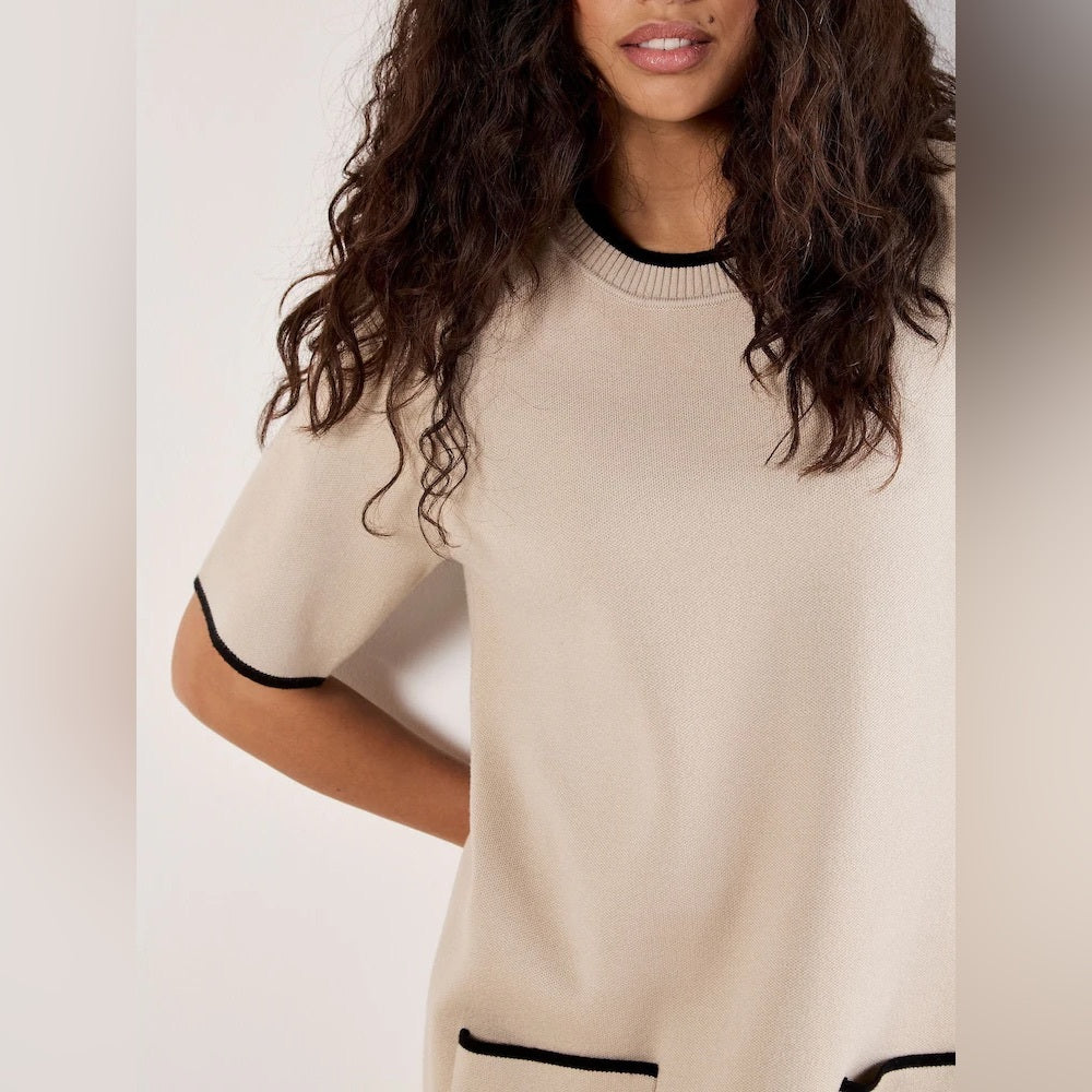 APRICOT🍑 - Beige Short Sleeve Shift Dress with Contrast Trim