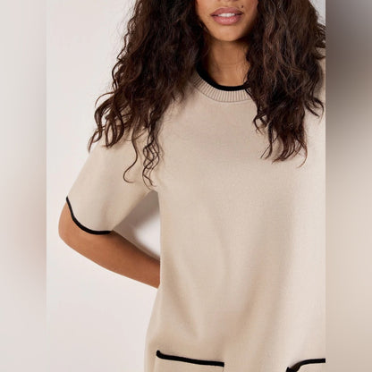 APRICOT🍑 - Beige Short Sleeve Shift Dress with Contrast Trim