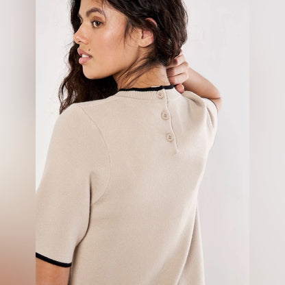 APRICOT🍑 - Beige Short Sleeve Shift Dress with Contrast Trim