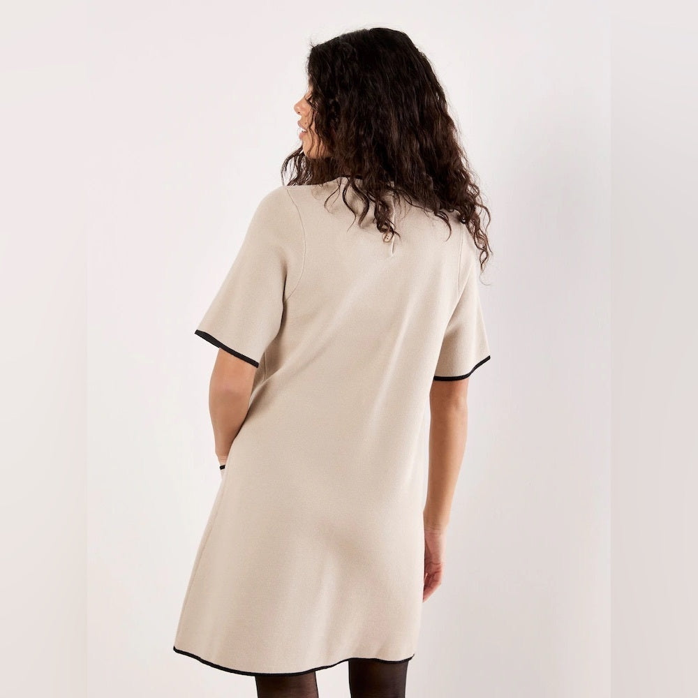 APRICOT🍑 - Beige Short Sleeve Shift Dress with Contrast Trim
