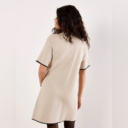 APRICOT🍑 - Beige Short Sleeve Shift Dress with Contrast Trim