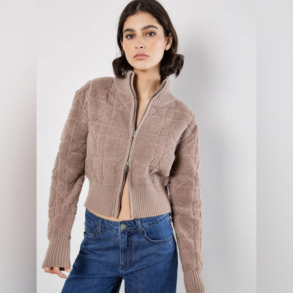 APRICOT 🍑 Taupe Textured Teddy Zip-Up Jacket