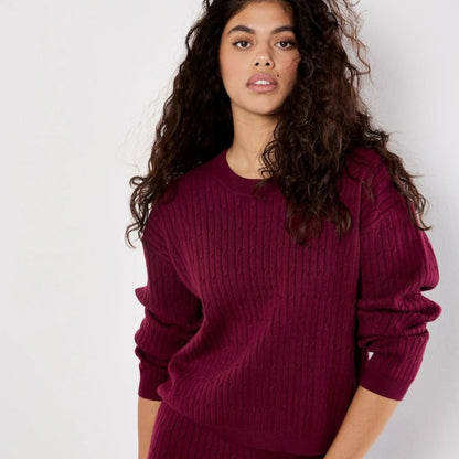 APRICOT 🍑- Burgundy Cable-Knit Crewneck Batwing Sweater