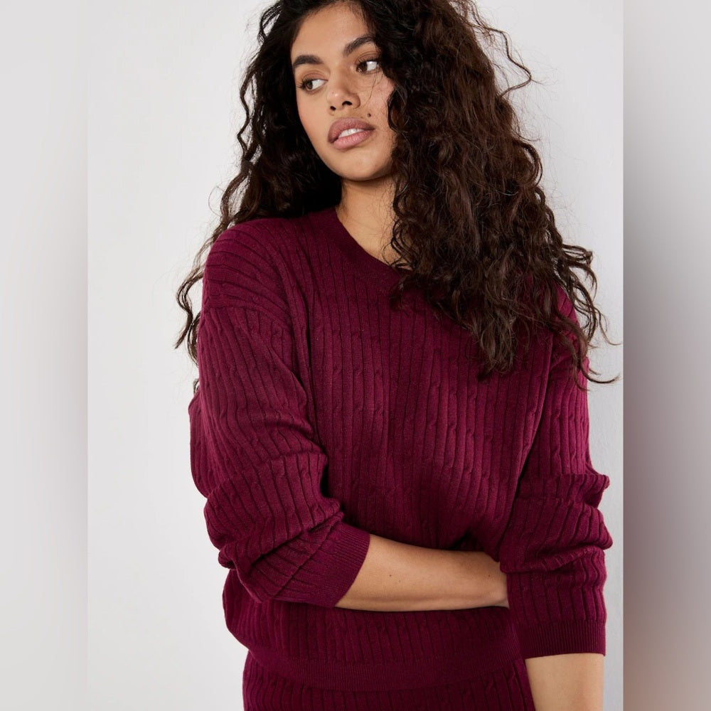 APRICOT 🍑- Burgundy Cable-Knit Crewneck Batwing Sweater