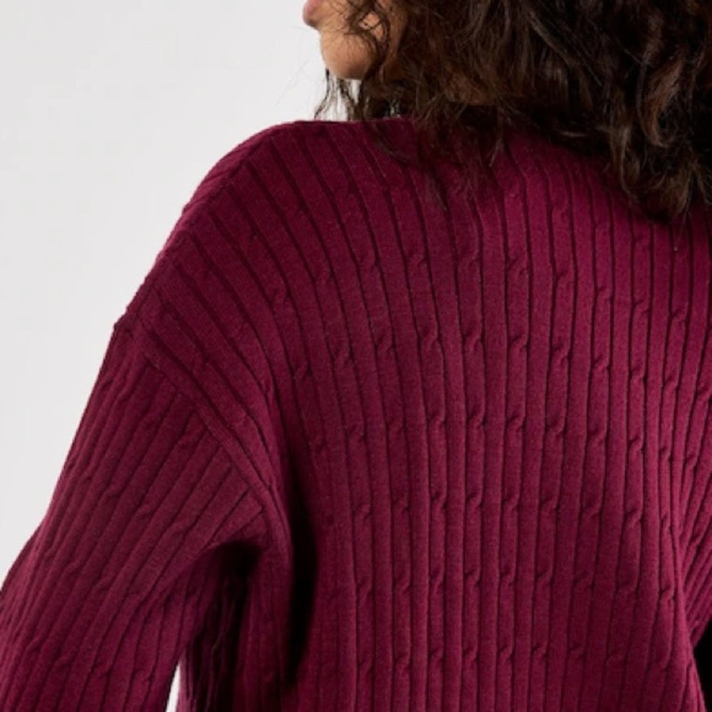 APRICOT 🍑- Burgundy Cable-Knit Crewneck Batwing Sweater