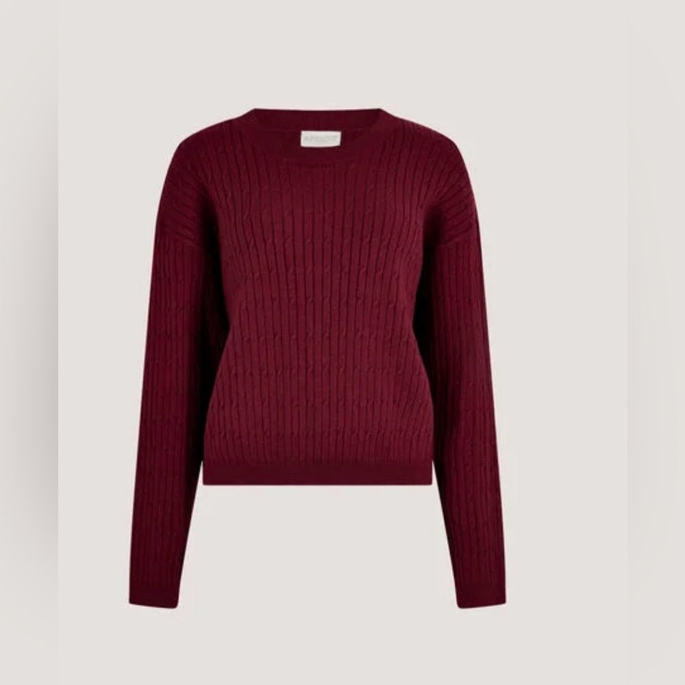 APRICOT 🍑- Burgundy Cable-Knit Crewneck Batwing Sweater