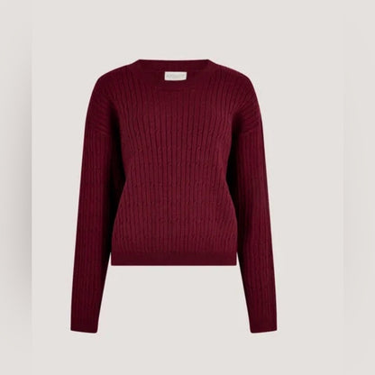 APRICOT 🍑- Burgundy Cable-Knit Crewneck Batwing Sweater