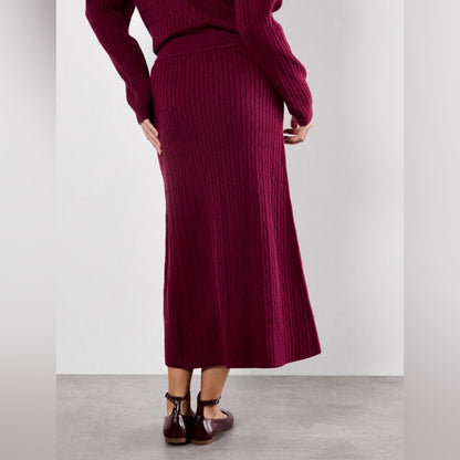 APRICOT 🍑- Burgundy Ribbed Knit Midi Skirt