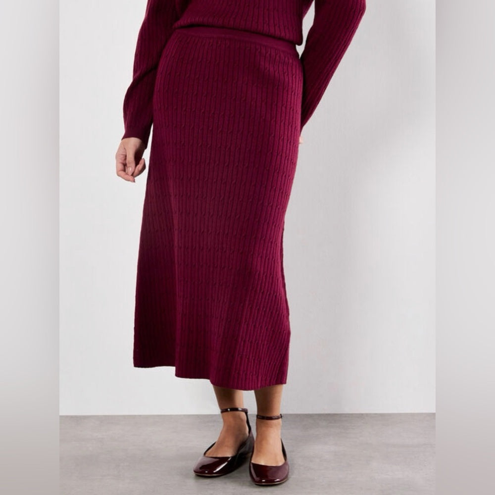 APRICOT 🍑- Burgundy Ribbed Knit Midi Skirt