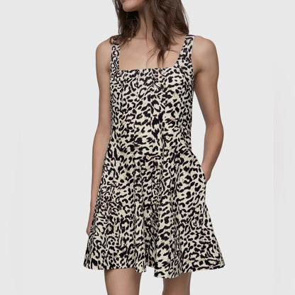 REBECCA MINKOFF - Square-Neck Leopard Print Sundress in Black and Cream