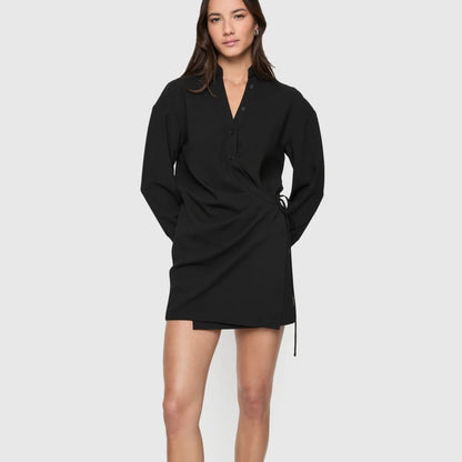 REBECCA MINKOFF-  Black Long-Sleeve Wrap Mini Dress