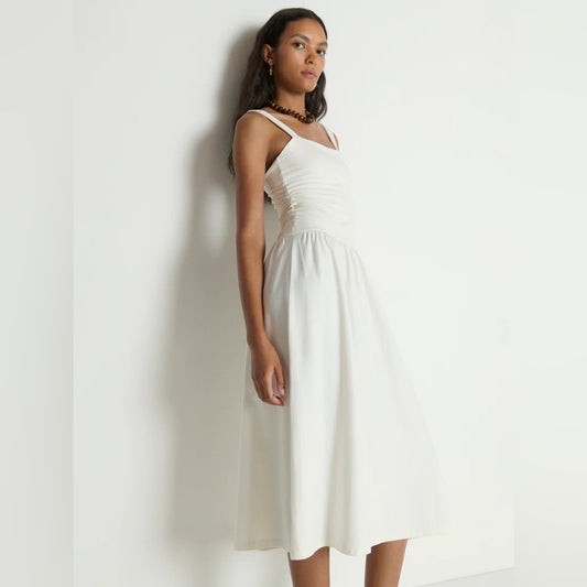 NATION LTD. -  White Midi Sundress - Elegant Gathered Bodice