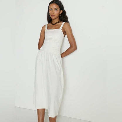 NATION LTD. -  White Midi Sundress - Elegant Gathered Bodice