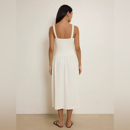 NATION LTD. -  White Midi Sundress - Elegant Gathered Bodice