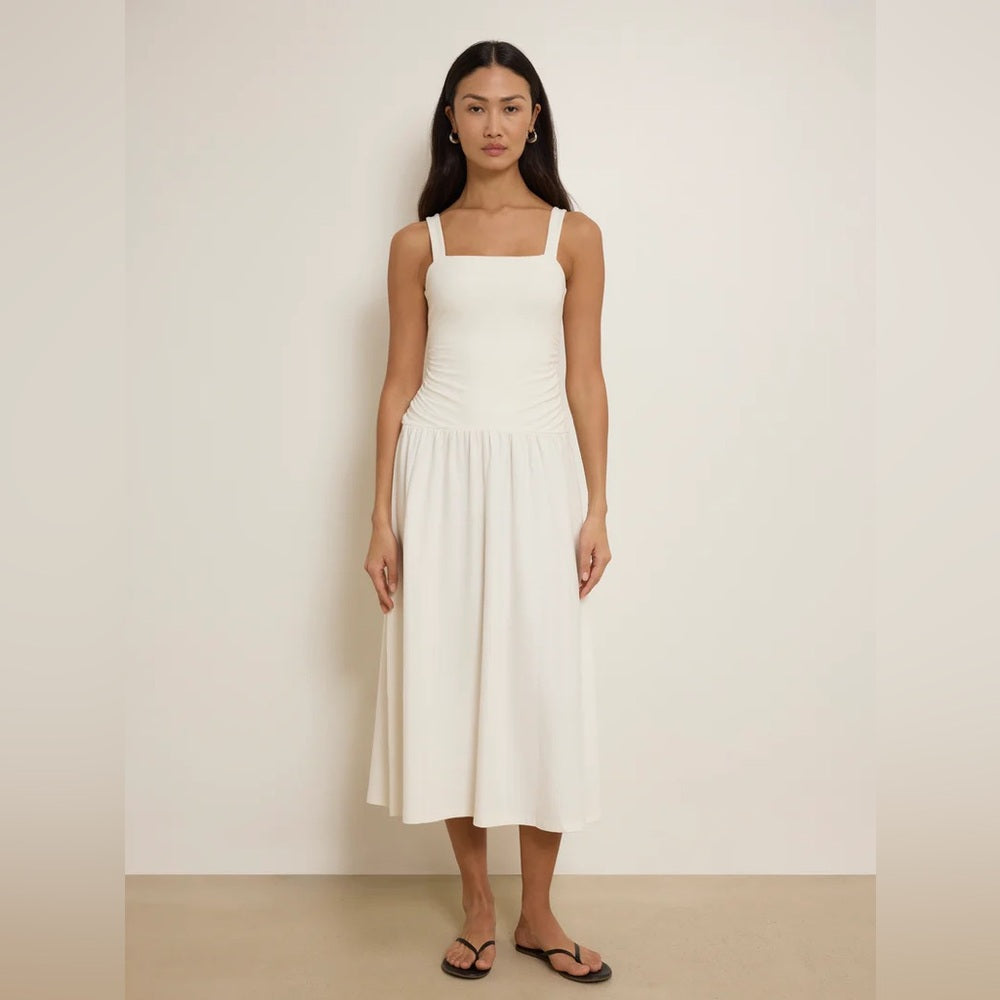 NATION LTD. -  White Midi Sundress - Elegant Gathered Bodice