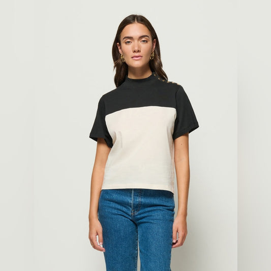NATION LTD - Colorblock Short Sleeve Crewneck Top in Black and Cream