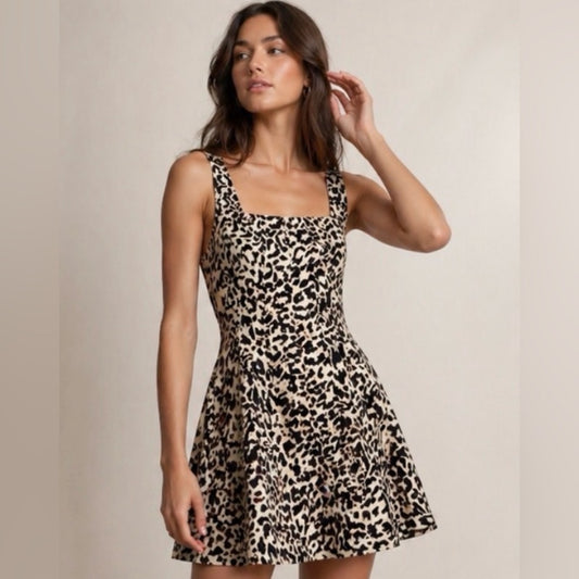 REBECCA MINKOFF - Square-Neck Leopard Print Sundress in Black and Cream