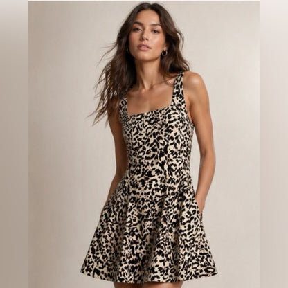 REBECCA MINKOFF - Square-Neck Leopard Print Sundress in Black and Cream