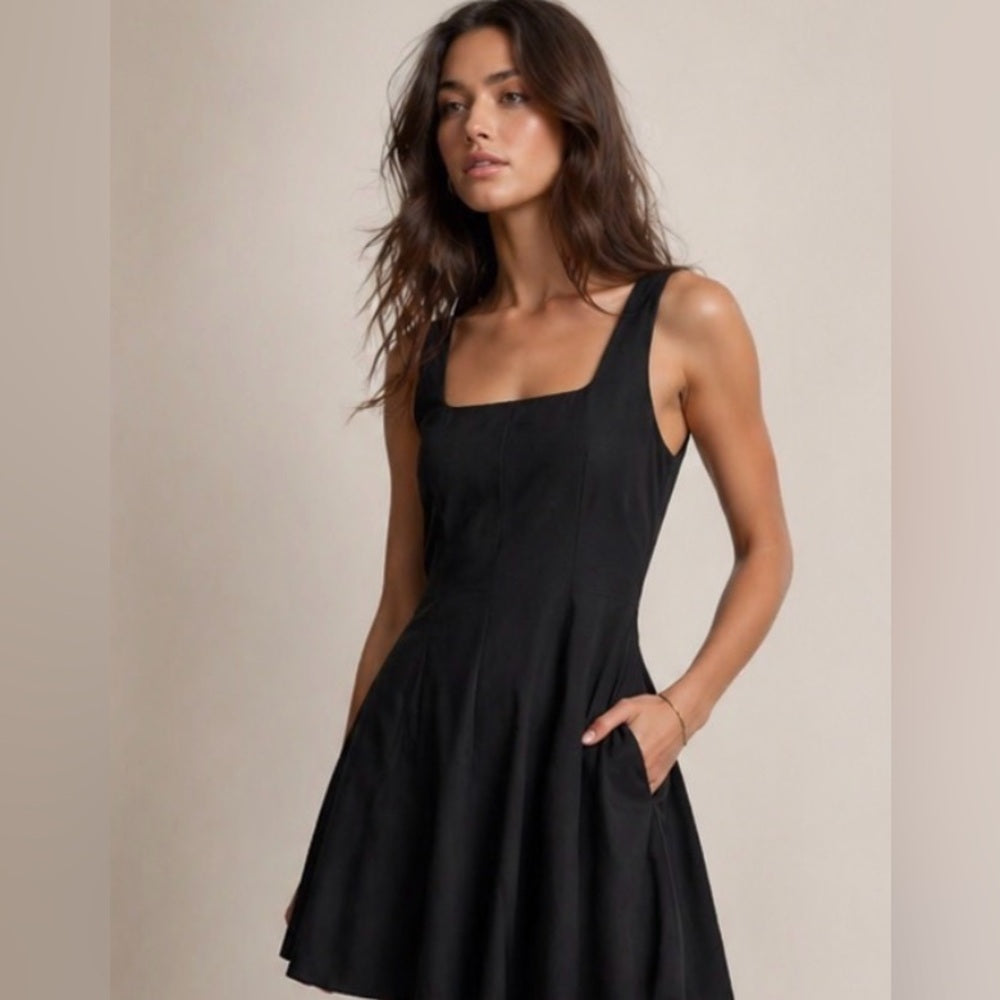 REBECCA MINKOFF -Black Square-Neck A-Line Dress