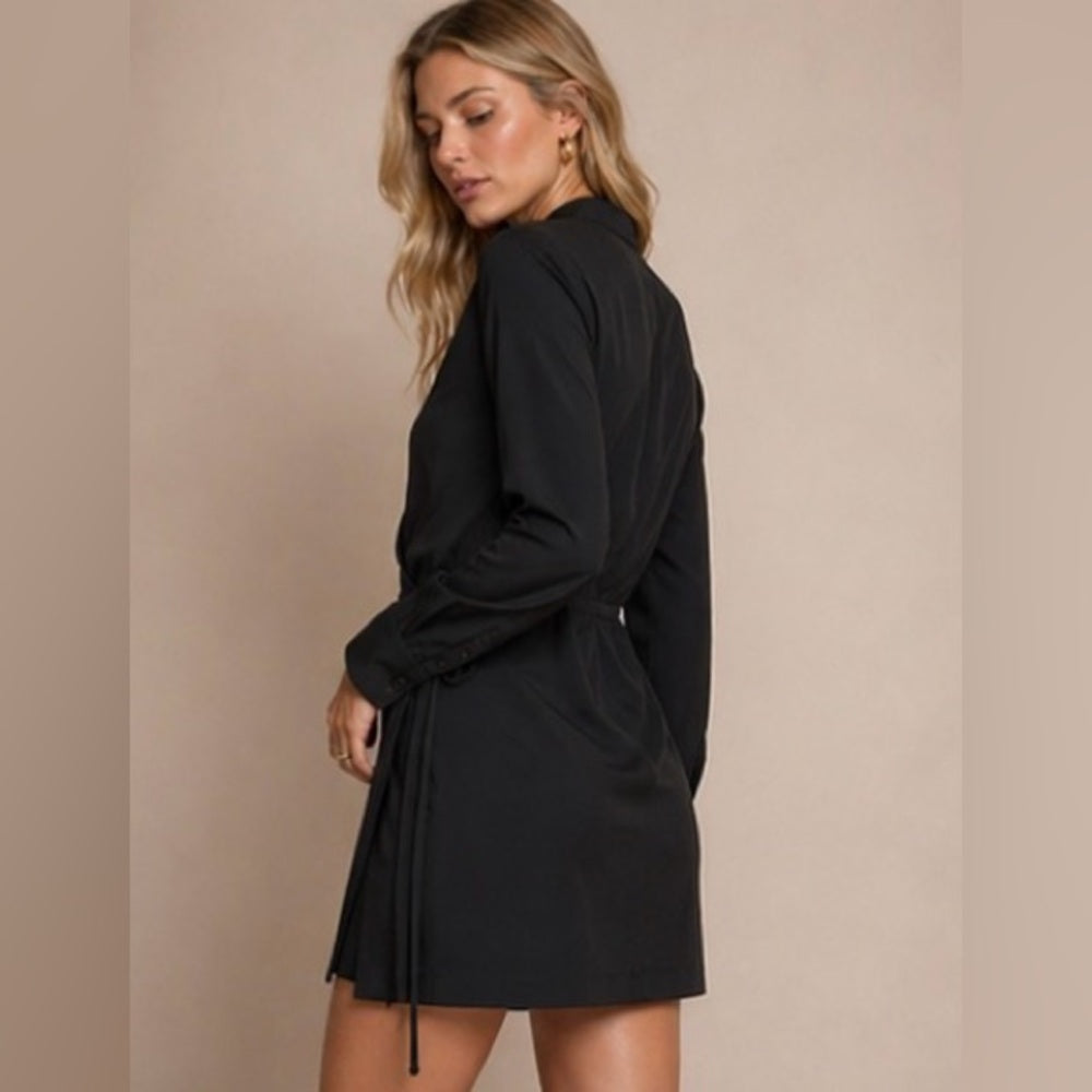 REBECCA MINKOFF-  Black Long-Sleeve Wrap Mini Dress