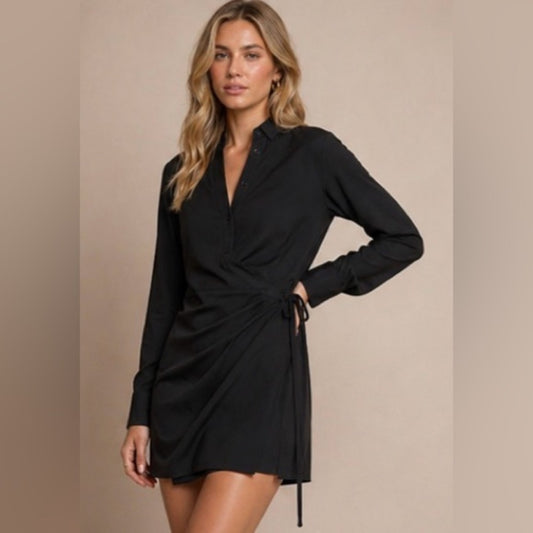 REBECCA MINKOFF-  Black Long-Sleeve Wrap Mini Dress