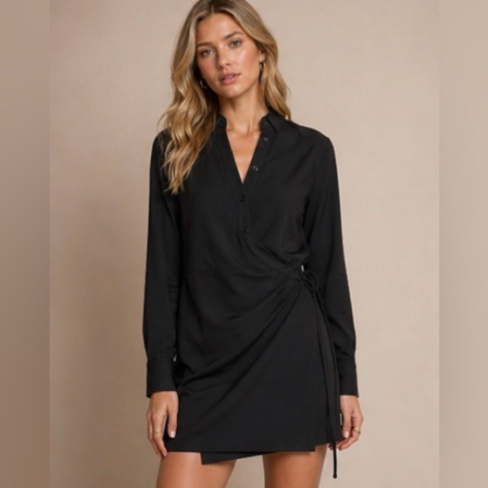 REBECCA MINKOFF-  Black Long-Sleeve Wrap Mini Dress