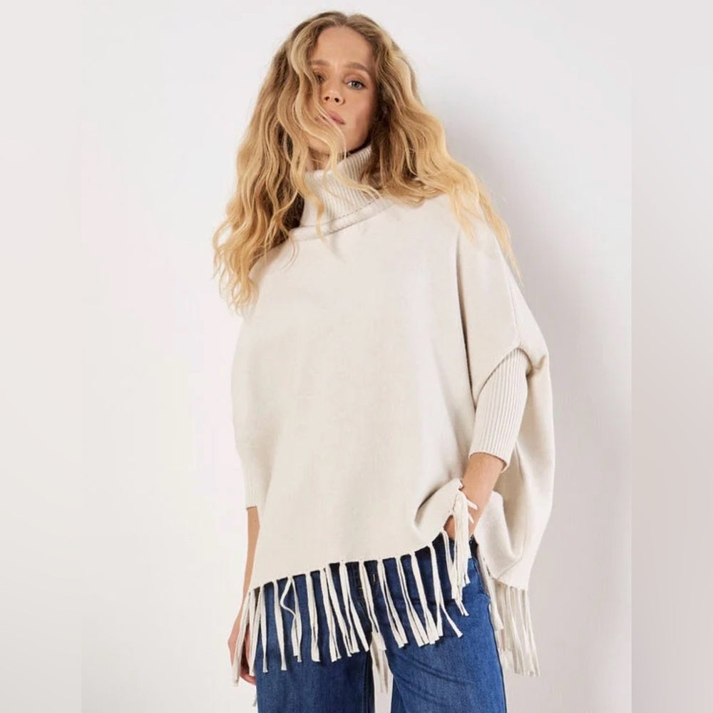 Apricot 🍑 - Women’s Cream Turtleneck Fringe Poncho Sweater