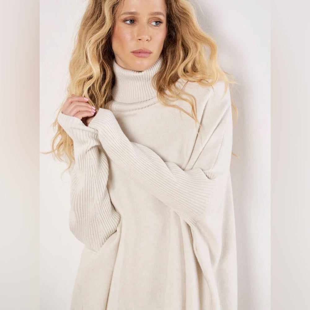 Apricot 🍑 - Women’s Cream Turtleneck Fringe Poncho Sweater