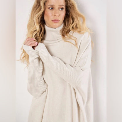 Apricot 🍑 - Women’s Cream Turtleneck Fringe Poncho Sweater