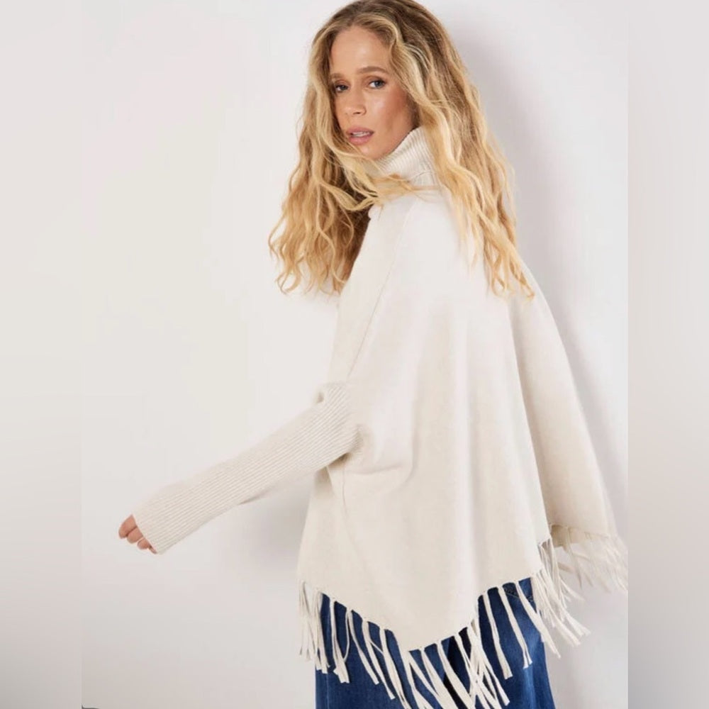 Apricot 🍑 - Women’s Cream Turtleneck Fringe Poncho Sweater