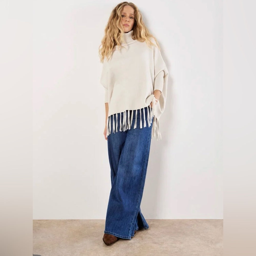 Apricot 🍑 - Women’s Cream Turtleneck Fringe Poncho Sweater