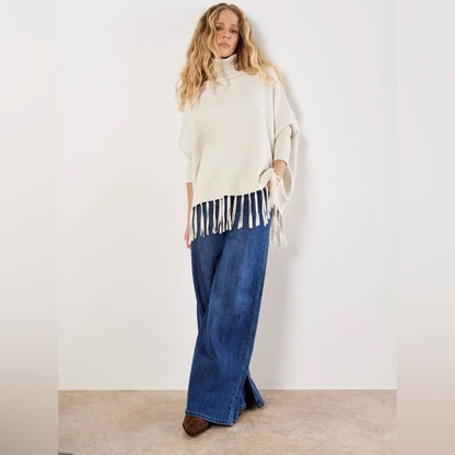 Apricot 🍑 - Women’s Cream Turtleneck Fringe Poncho Sweater