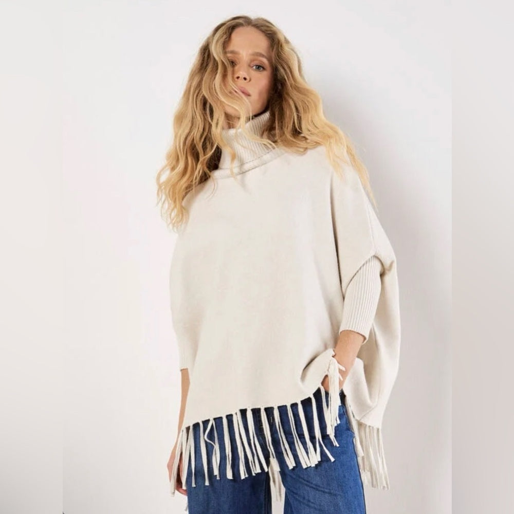 Apricot 🍑 - Women’s Cream Turtleneck Fringe Poncho Sweater