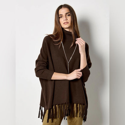 Apricot 🍑 - Brown Fringe Turtleneck Poncho Sweater