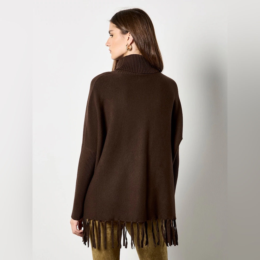 Apricot 🍑 - Brown Fringe Turtleneck Poncho Sweater