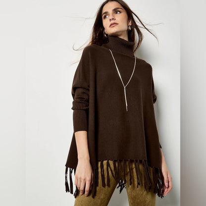 Apricot 🍑 - Brown Fringe Turtleneck Poncho Sweater