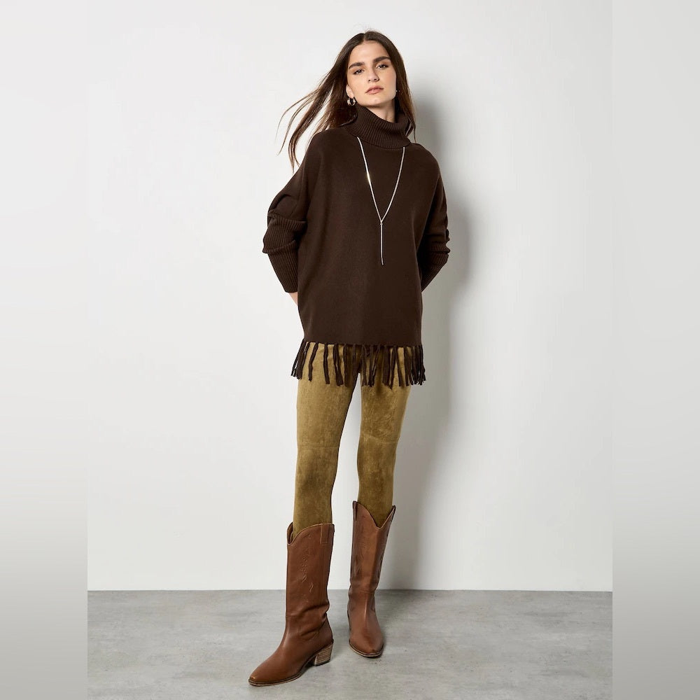 Apricot 🍑 - Brown Fringe Turtleneck Poncho Sweater