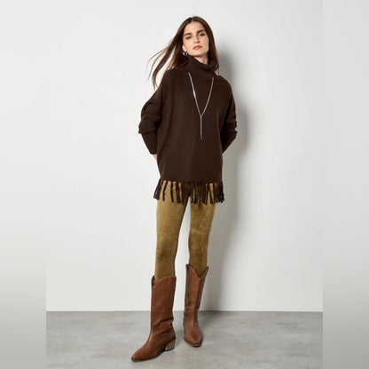 Apricot 🍑 - Brown Fringe Turtleneck Poncho Sweater