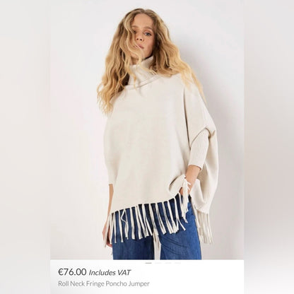 Apricot 🍑 - Women’s Cream Turtleneck Fringe Poncho Sweater