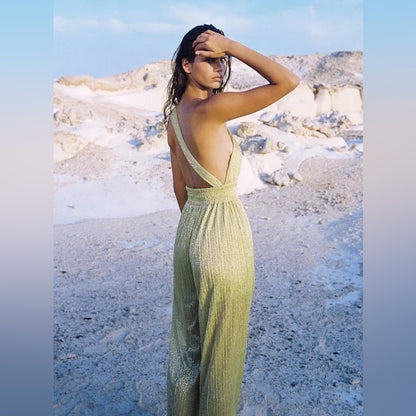 Sabina Musayev - One-Shoulder Shimmery Lime Jumpsuit LIME