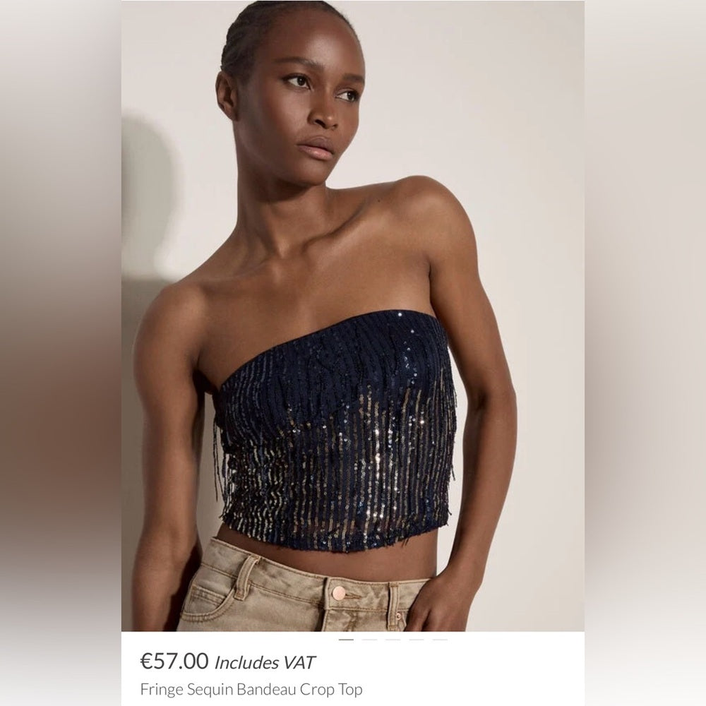 APRICOT 🍑 - Navy Sequin Fringe Bandeau Crop Top