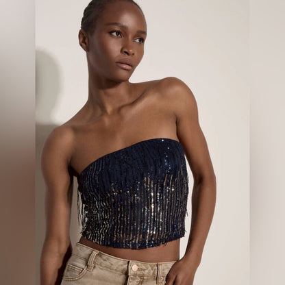 APRICOT 🍑 - Navy Sequin Fringe Bandeau Crop Top