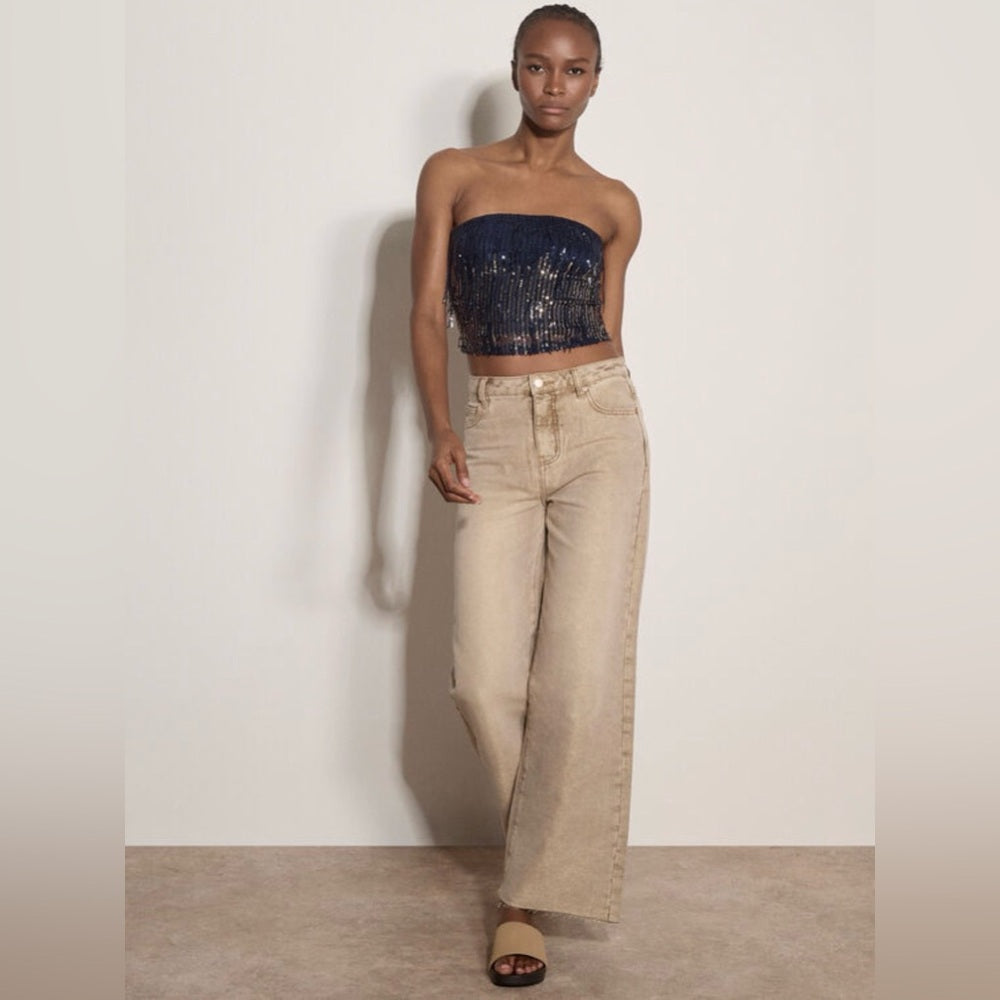 APRICOT 🍑 - Navy Sequin Fringe Bandeau Crop Top
