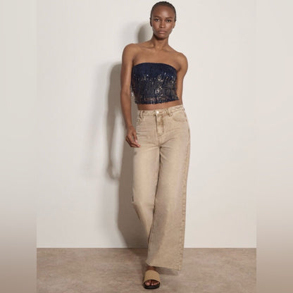 APRICOT 🍑 - Navy Sequin Fringe Bandeau Crop Top