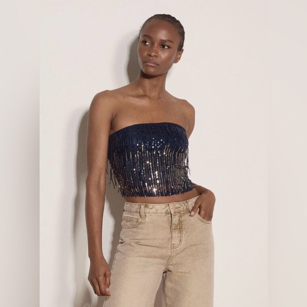 APRICOT 🍑 - Navy Sequin Fringe Bandeau Crop Top