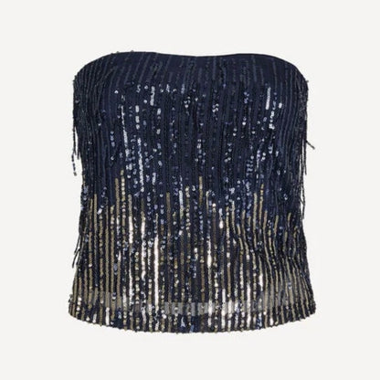APRICOT 🍑 - Navy Sequin Fringe Bandeau Crop Top