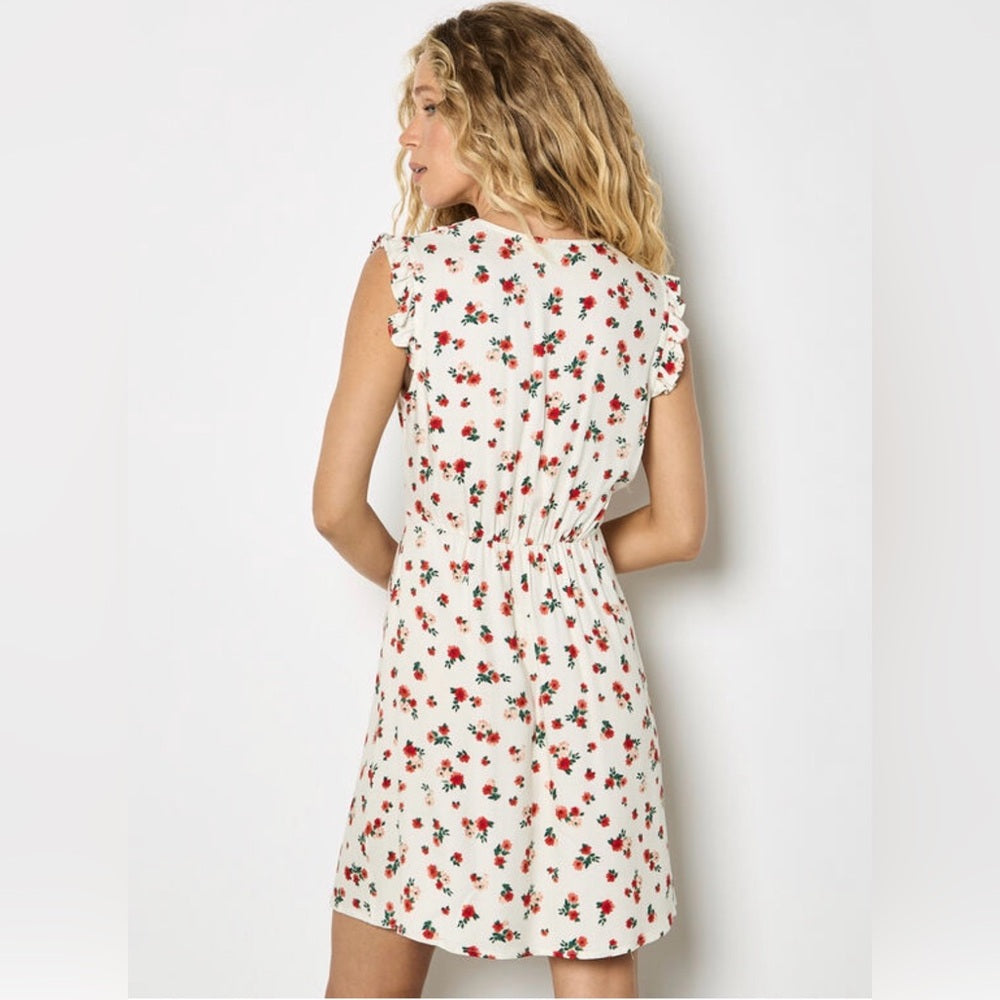 APRICOT Cream Floral Tie-Shoulder Dress with Red & Green Print
